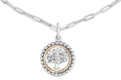 Sterling Silver 18K White and Yellow Round Tree of Life Pendant Sterling Silver 20" Paperclip Chain