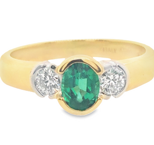 18Y Half Bezel Oval Natural Emerald and Round Diamond Ring Size 6