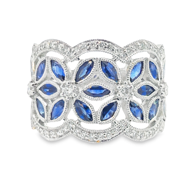 18W Wide Bead Set Round Diamond/Marquise Sapphire Miligrain Band Size 6.5