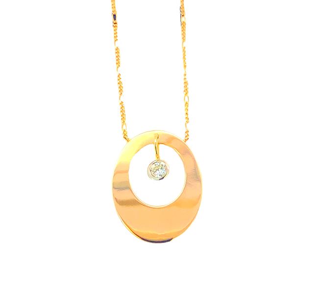 14TT Oval Open Disc with Round Bezel Diamond Dangle Necklace