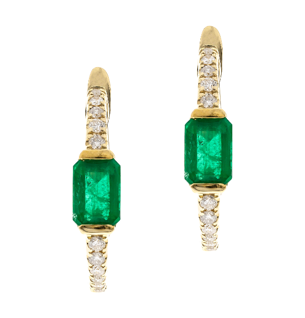 14Y E/C Emerald and Rd Diamond Accent Oval Shape Hinged Hoops