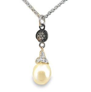 Sterling Silver Large Pearl Teardrop Necklace with Pave Diamonds