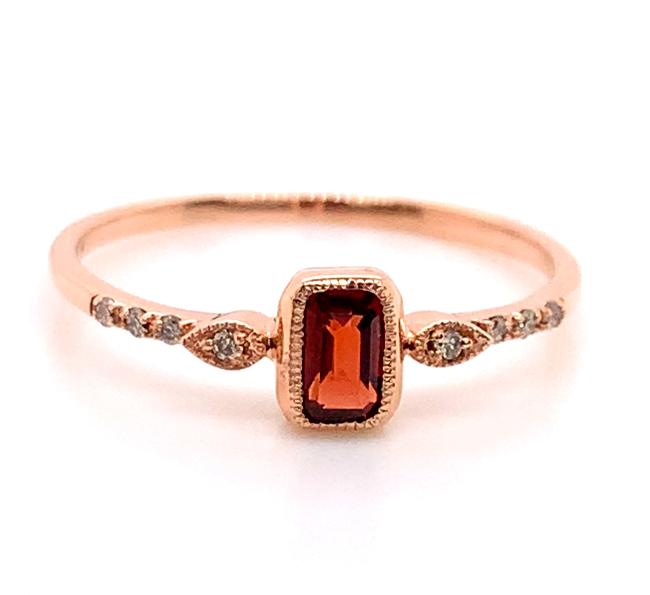 14R Emerald Cut Garnet and Diamond Dainty Stacking Ring Size 7