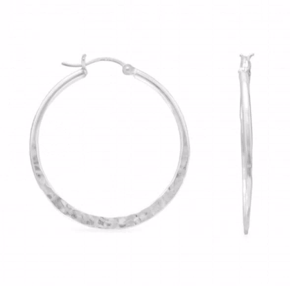 Sterling Silver Round Hammered Hoop Earrings