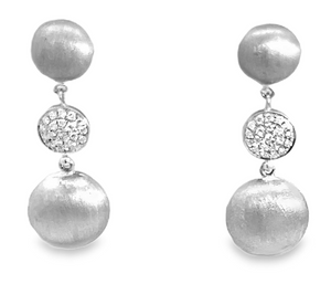 14W Dangle Button Earrings with Brushed Finish and Cluster Diamond Accent