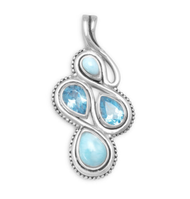 Oxidized Sterling Silver Pear Larimar and Blue Topaz Pendant with Bead Edge