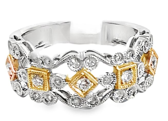14 Tri-Gold Milgrain Open Concept Wide Band Ring Size 6.5