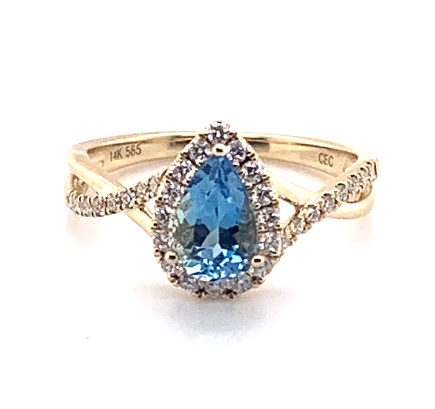 14Y Pear Shape Aqua Ring with Diamond Halo Size 6.5