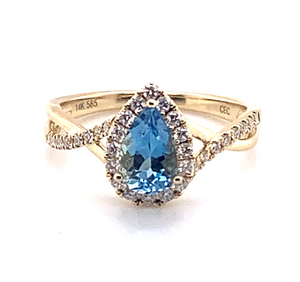 14Y Pear Shape Aqua Ring with Diamond Halo Size 6.5