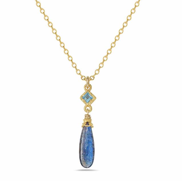 Sterling Silver 18Y Vermeil Blue Topaz with Labradorite Drop Pendant and Chain