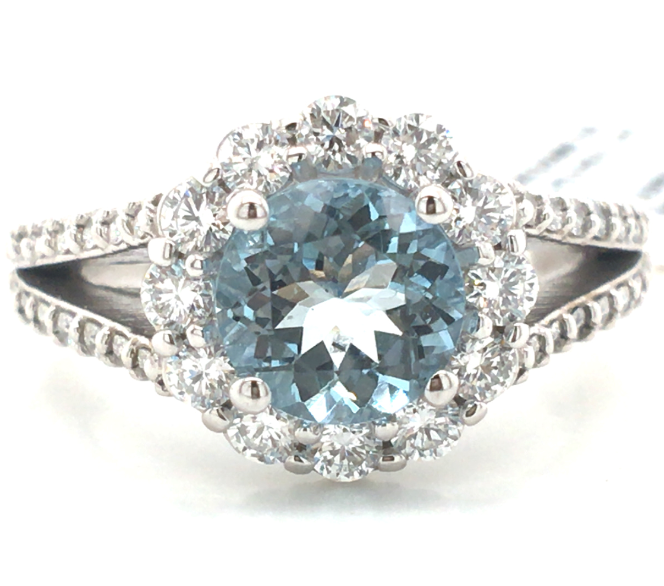 14W Round Aqua and Diamond Halo Split Shank Ring Size 7