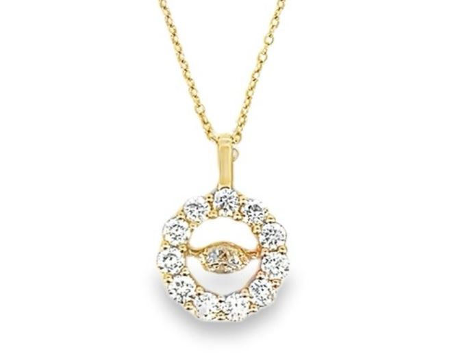 14Y Round Brilliant Cut Diamond Halo Pendant with Dangling Diamond Center on Chain