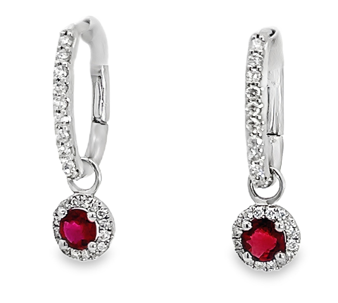 14W Round Ruby with Diamond Halo on Oval Diamond Hoop Earrings