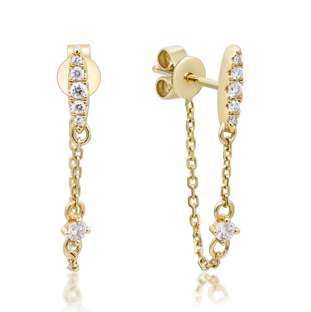 Color Jewels- 14Y Diamond Earrings with Marquise Shaped Bar and Dangling Cable Chain with Diamond Station Connecting to Friction Backs