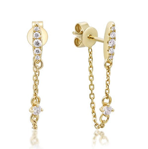 Color Jewels- 14Y Diamond Earrings with Marquise Shaped Bar and Dangling Cable Chain with Diamond Station Connecting to Friction Backs