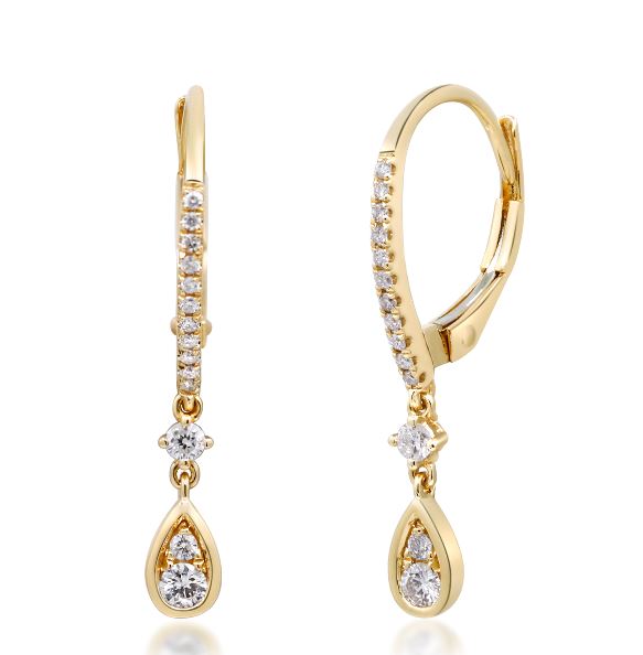 Color Jewels- 14Y Diamond Drop Earrings with Pear-Shaped Dangle and Leverbacks