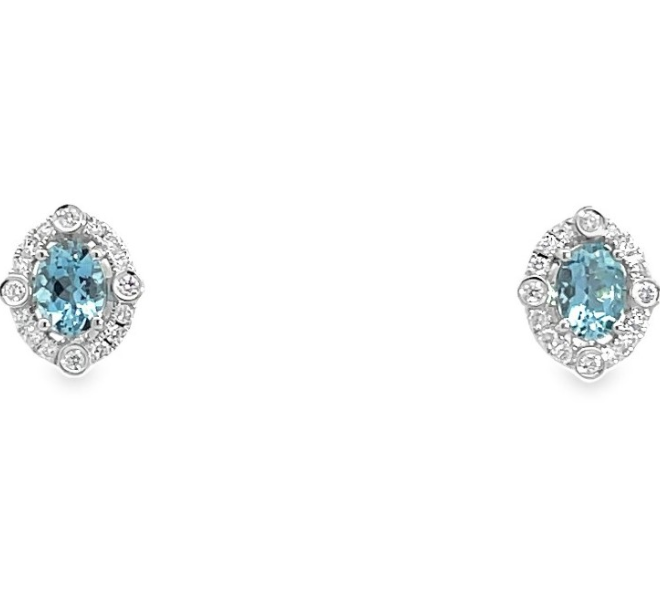 18W Aqua and Diamond Stud Earrings with Friction Posts and Backs