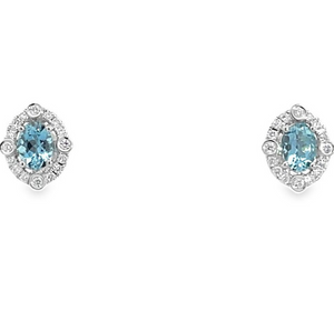 18W Aqua and Diamond Stud Earrings with Friction Posts and Backs