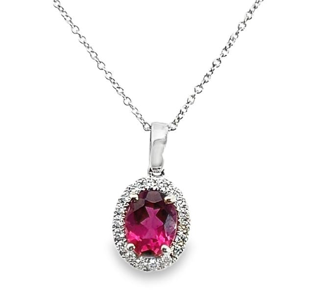 14W Oval Pink Tourmaline and Natural Diamond Halo Pendant with Cable Chain