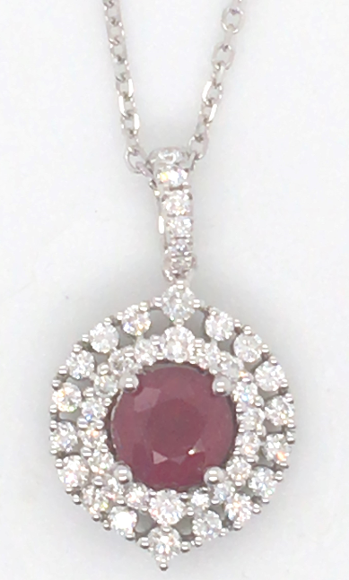 14W Round Ruby Pendant with Double Diamond Halo and Diamond Bail