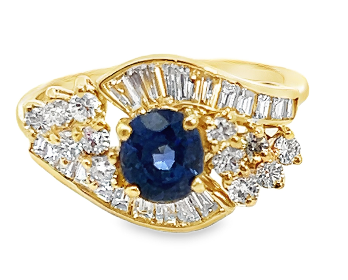 18Y Round Ceylon Sapphire and Round Baguette Diamond Ring Size 8