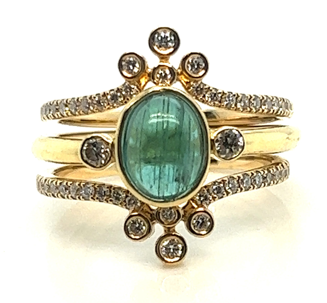 18Y Cab Bezel Set Indicolite Tourmaline and Diamond Ring Size 6