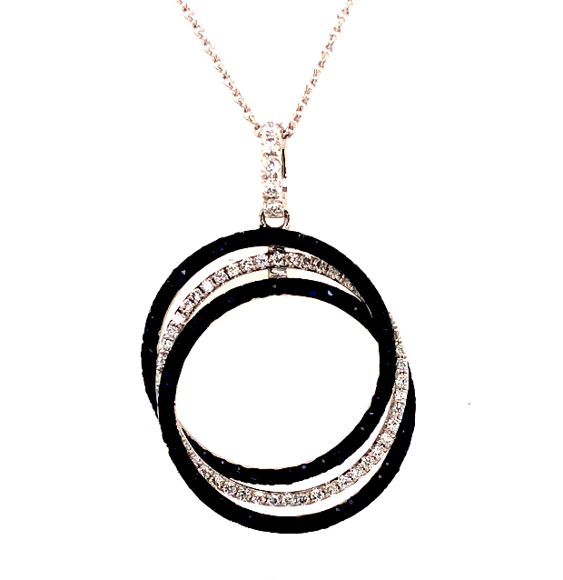 18W Interlocking 3 Ring Pendant with Black and White Diamonds on Chain
