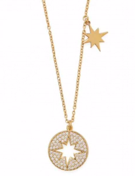 Sterling Silver Gold-Plated Pave CZ Disc 16" Necklace with Starburst Cutout