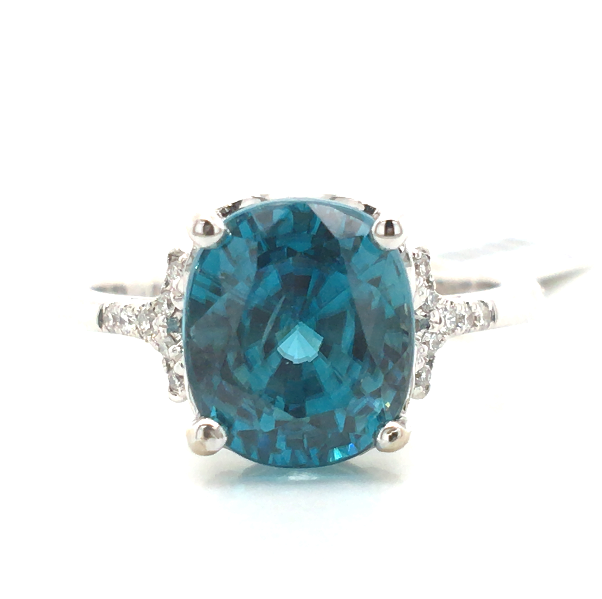 14W Cushion Blue Zircon and Diamond Accent Ring Size 7