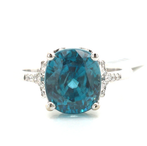 14W Cushion Blue Zircon and Diamond Accent Ring Size 7