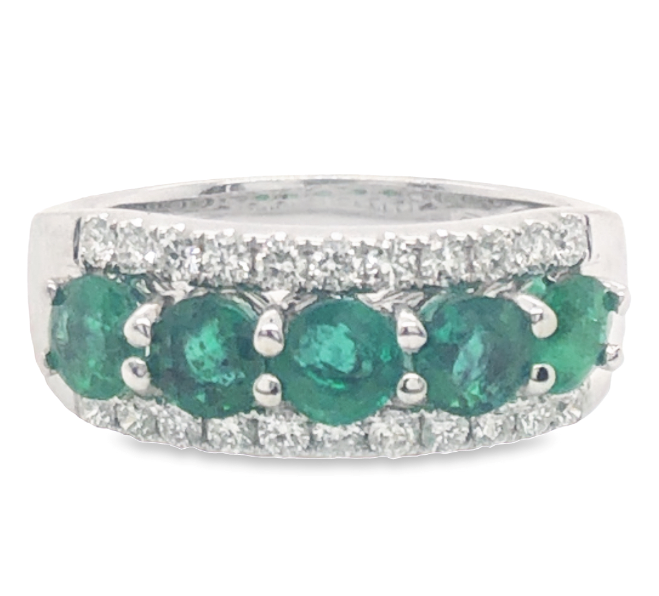 14W 5 Round Emeralds with Diamond Border Band Size 7