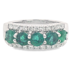 14W 5 Round Emeralds with Diamond Border Band Size 7