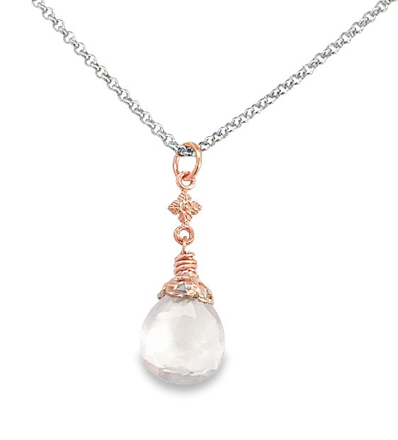 Sterling Silver 18R Vermeil Rose Quartz Briolette Pendant and Chain