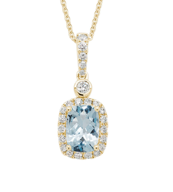 14Y Antique Cushion Cut Aquamarine with Diamond Halo Pendant and Chain