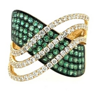 18Y Pave Round Emerald &amp; Triple Diamond Wave Ring Size 6