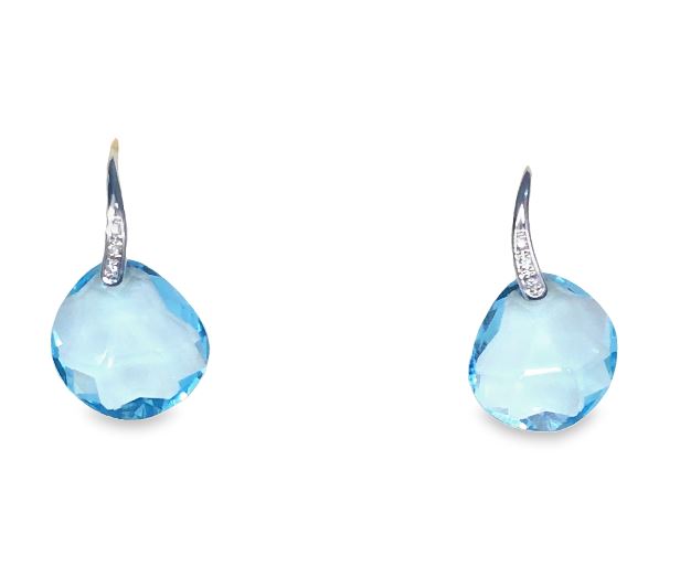 14W Free form Blue Topaz Dangle on Diamond Set French Wire Earrings