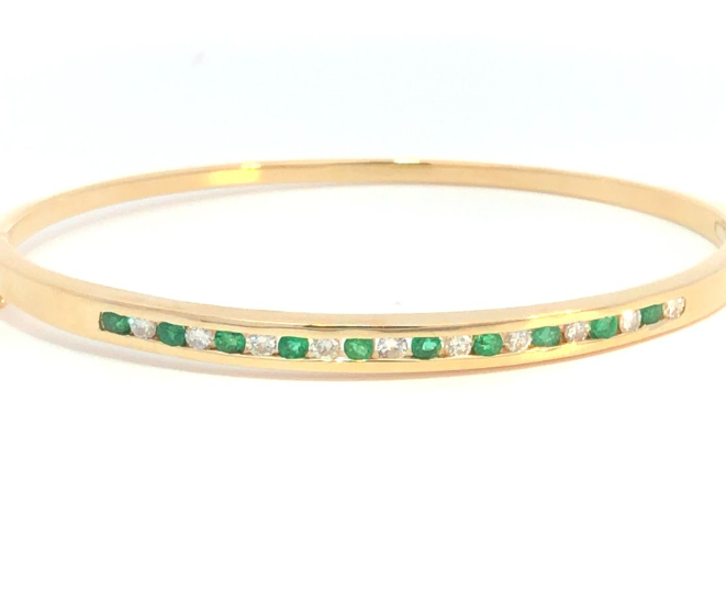 14Y Channel Set Round Emerald and Diamond Hinged Bangle