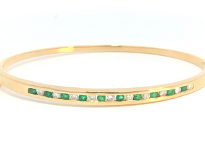 14Y Channel Set Round Emerald and Diamond Hinged Bangle