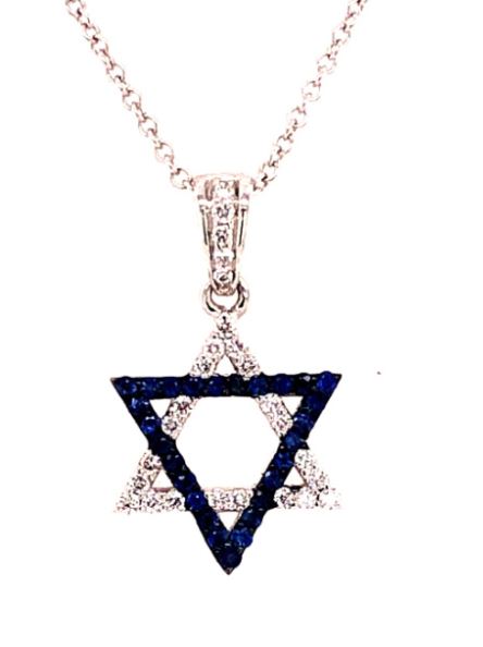 18W Pave' Diamond & Blue Sapphire Jewish Star Pendant