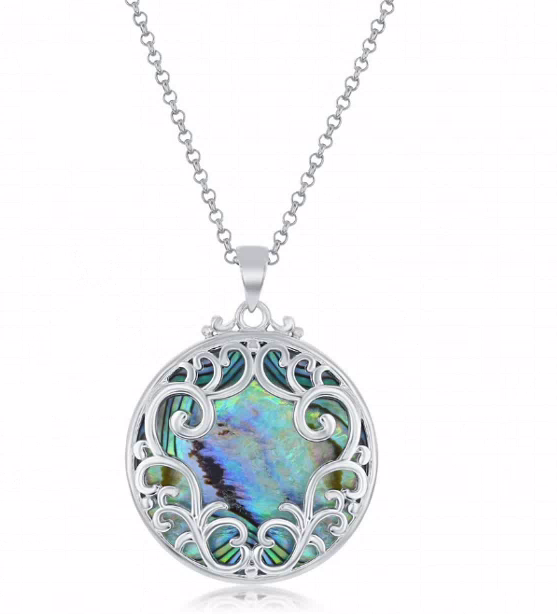 Sterling Silver Abalone Filigree Circle Pendant with Chain 16-18"