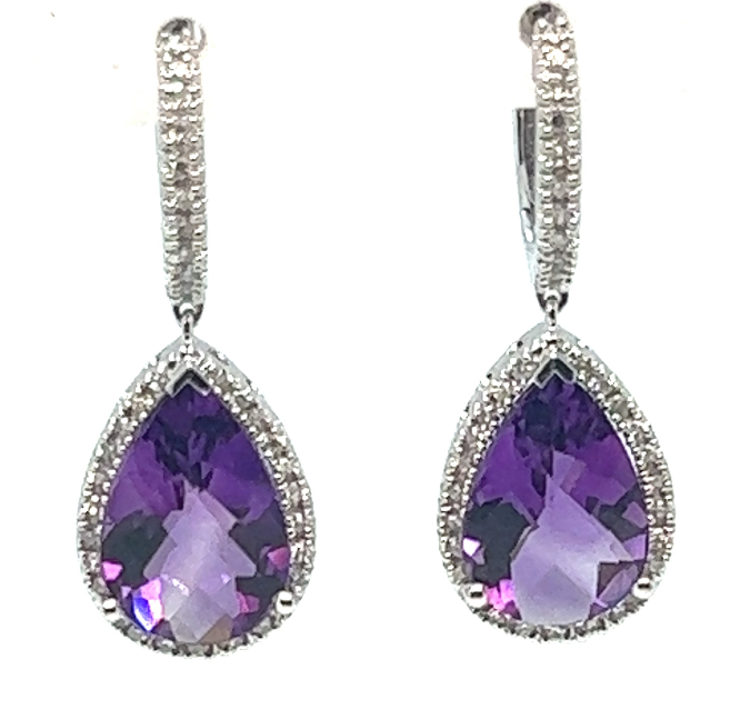 14W Pear Shaped Amethyst with Halo Diamond Drop Earrings