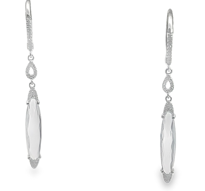 14W Faceted White Topaz and Diamond Halo Dangle Earrings