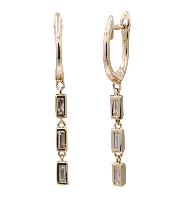 Color Jewels- 18Y Three Bezel Set Diamond Baguette Dangle Lever Back Earrings