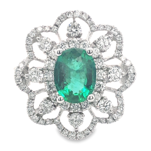 18W Oval Emerald with Ornate Double Scalloped Halo Ring Size 6.5