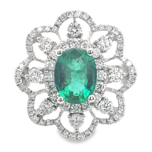 18W Oval Emerald with Ornate Double Scalloped Halo Ring Size 6.5