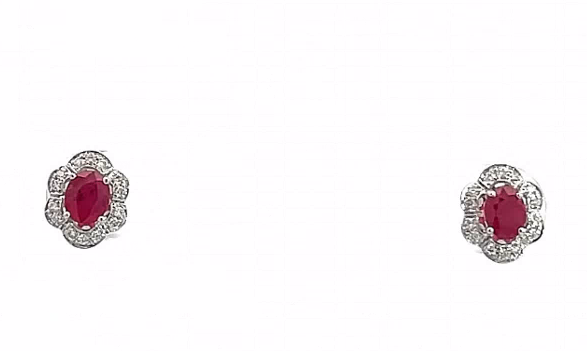 14W Ruby and Diamond Halo Studs with Friction Posts and Backs