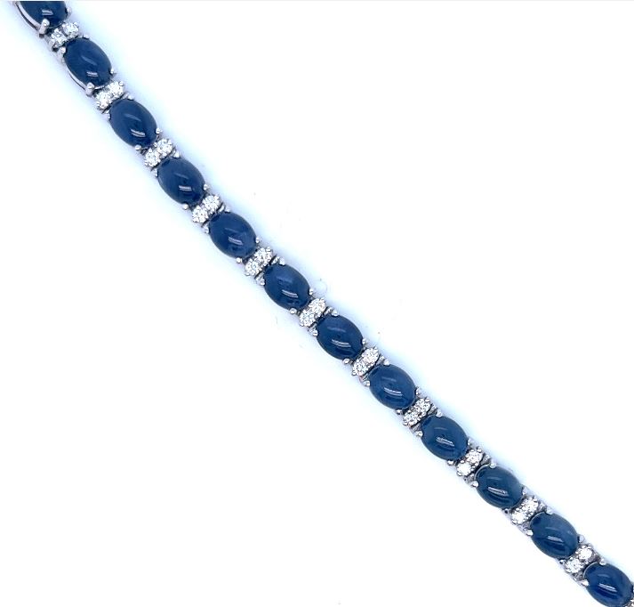 14W Blue Sapphire Cabochon Bracelet with Diamond Accents