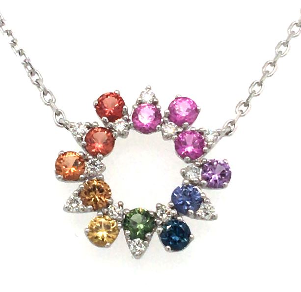 18W Rainbow Sapphire &amp; Diamond Starburst Necklace 16-18"