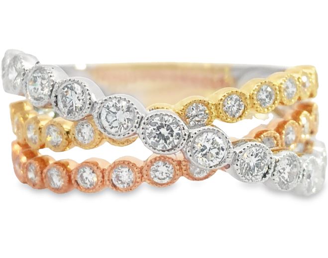 18 White, Yellow, and Rose Gold Bezel Set Diamond Cross Over Ring Size 6.5