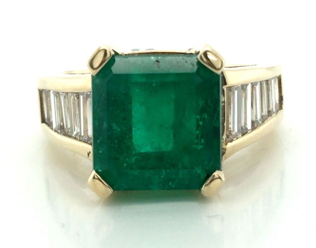 18Y 5.50ct Emerald Cut Columbian Emerald Baguette Diamond Ring sz 7